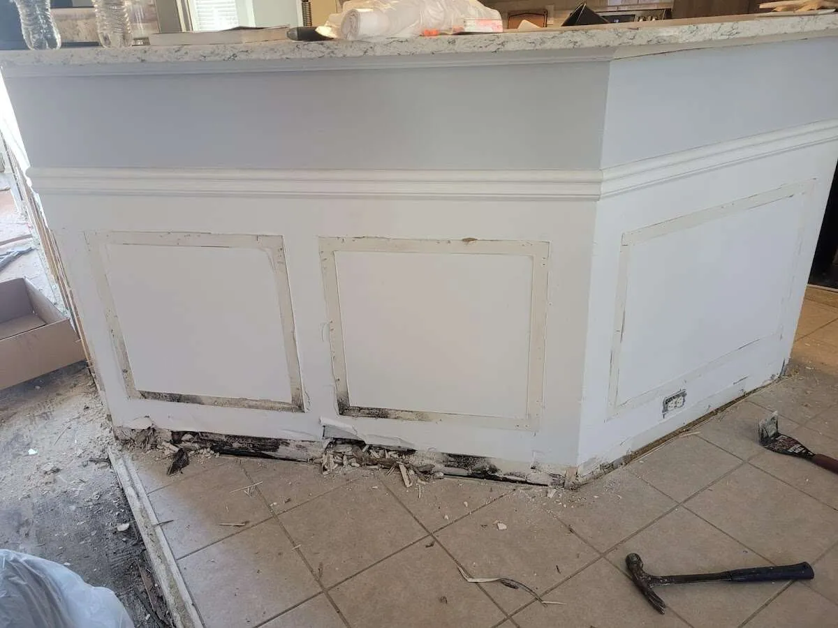 Water damage and mold on kitchen during Sewage Cleanup & Sanitation in Zachary